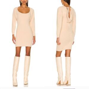 🆕️ Camila Coelho Yesenia Eyelash Puff Sleeve Open Back Mini Sweater Dress Nude